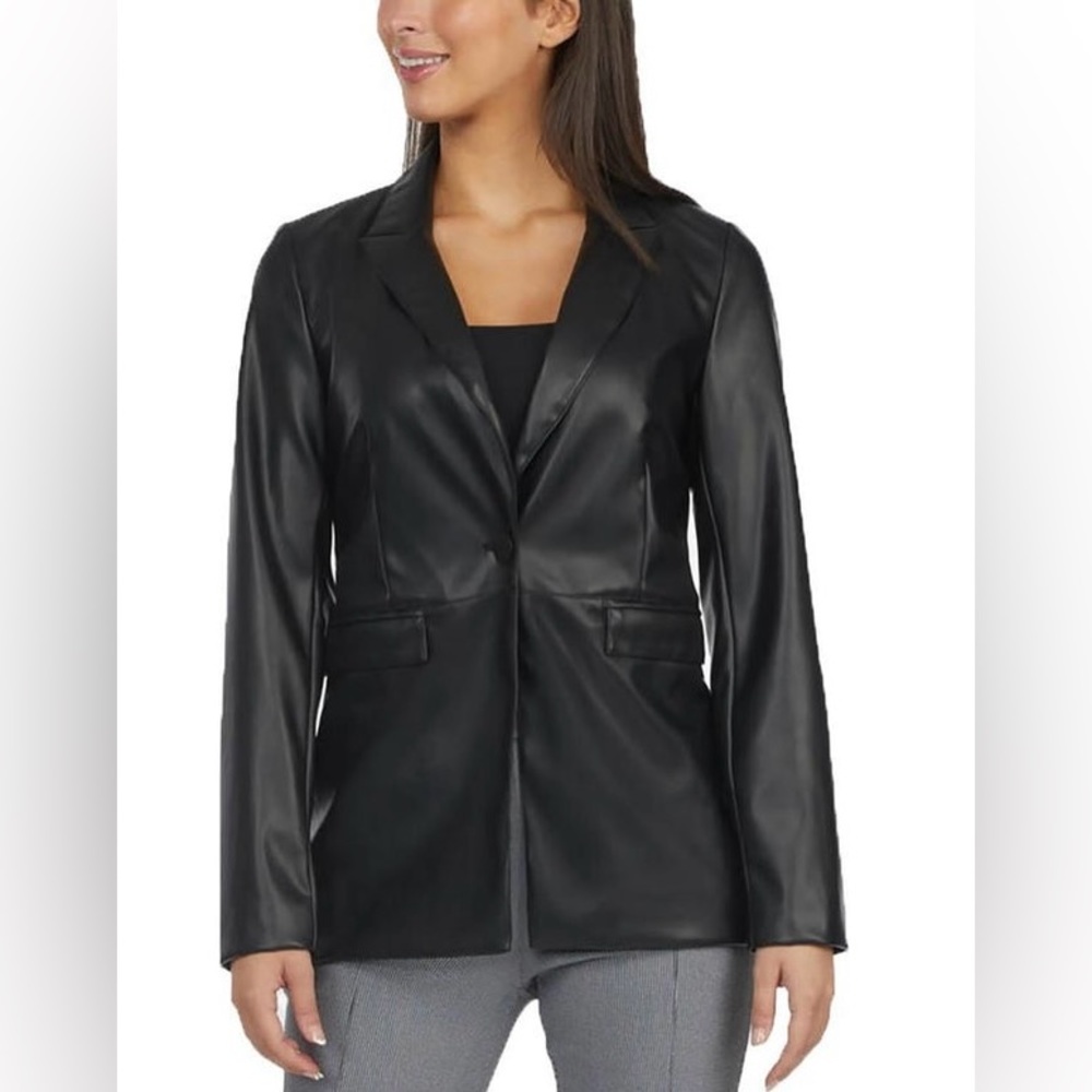 Womens Faux Leather Notch Collar One-Button Blazer